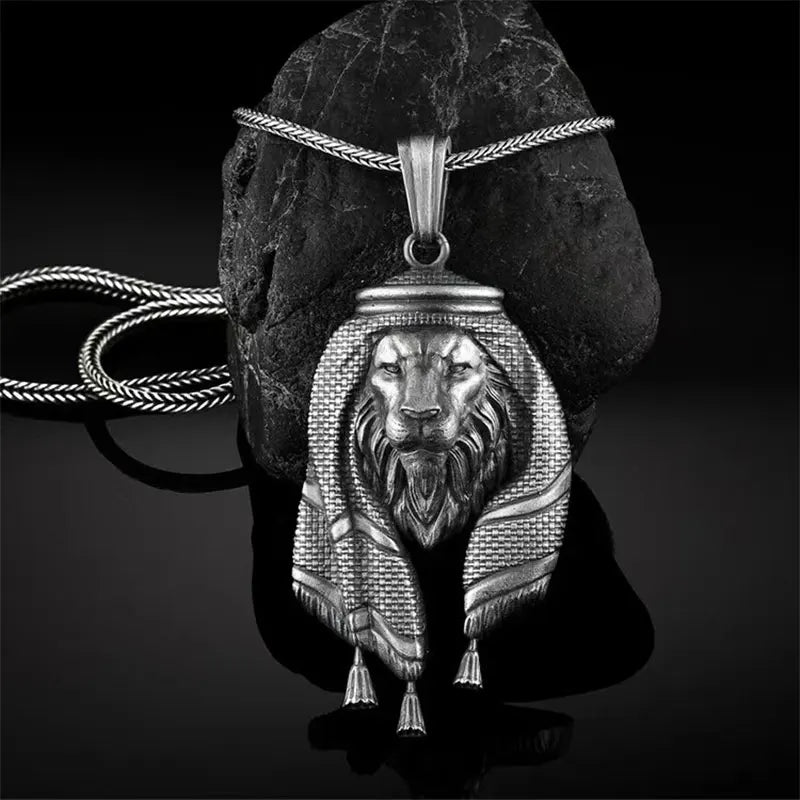 Men's Lion Necklace, Arabian Lion Head Pendant Necklace with 25.5"Chain, Hip Hop Lion Tag Necklace, Lion Jewelry Gift Men’s Gift