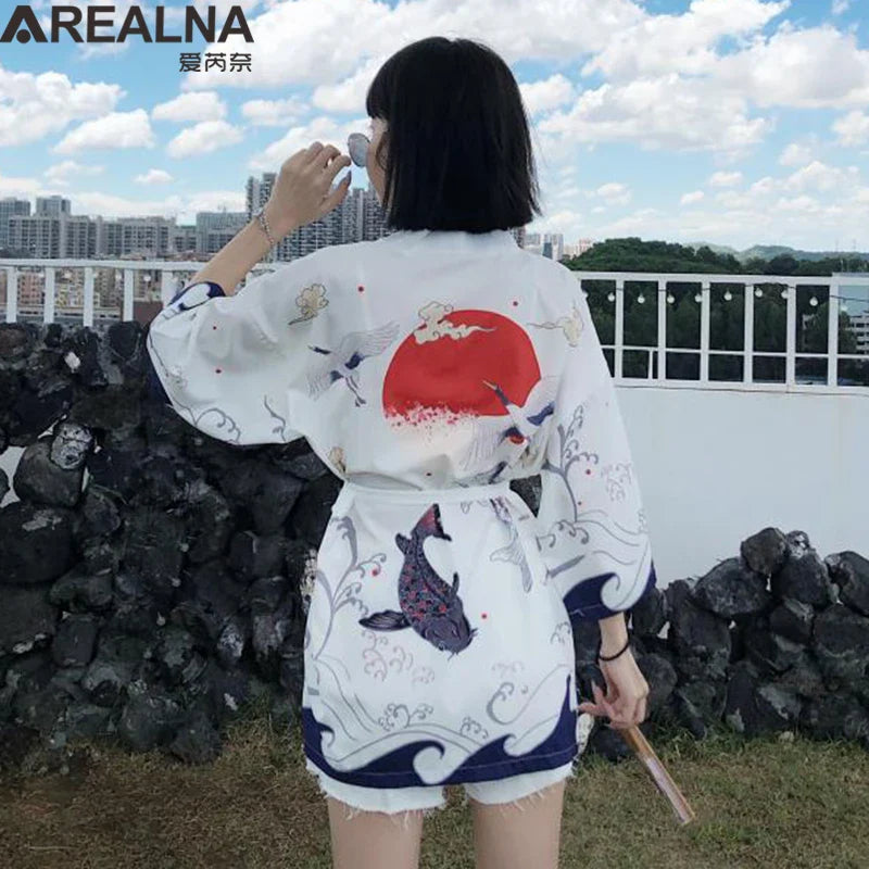 Japanese Kimono Traditional Clothing Crane Carp Anime Kimono Dress Shirts Women Samurai Haori Hombre Yukata Man Cardigan Shirt