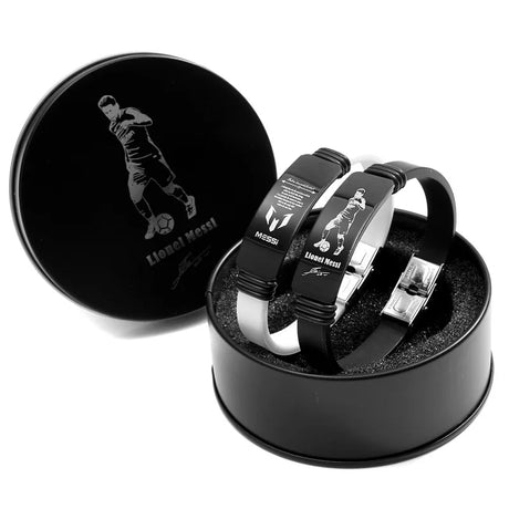 Football Star Player Messi Bracelet Stainless Steel Adjustable Waistband Black And White 2-piece Set with Dazzling Black Tin Box