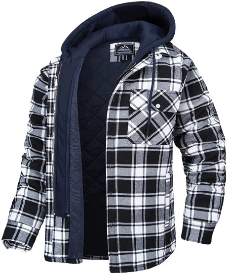 TACVASEN Men's Flannel Shirt Jacket with Removable Hood Plaid Quilted Lined Winter Coats Thick Hoodie Outwear Man Fleece Shirts