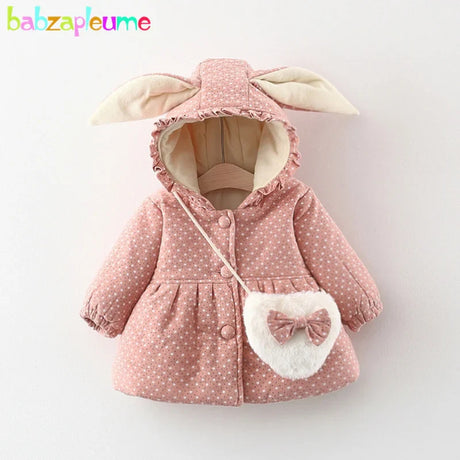 Winter Outerwear Infant Girl Clothes Toddler Jacket For Kids Korean Cartoon Cute Dot Hooded Warm Thick Coat+Bag Baby Tops BC028