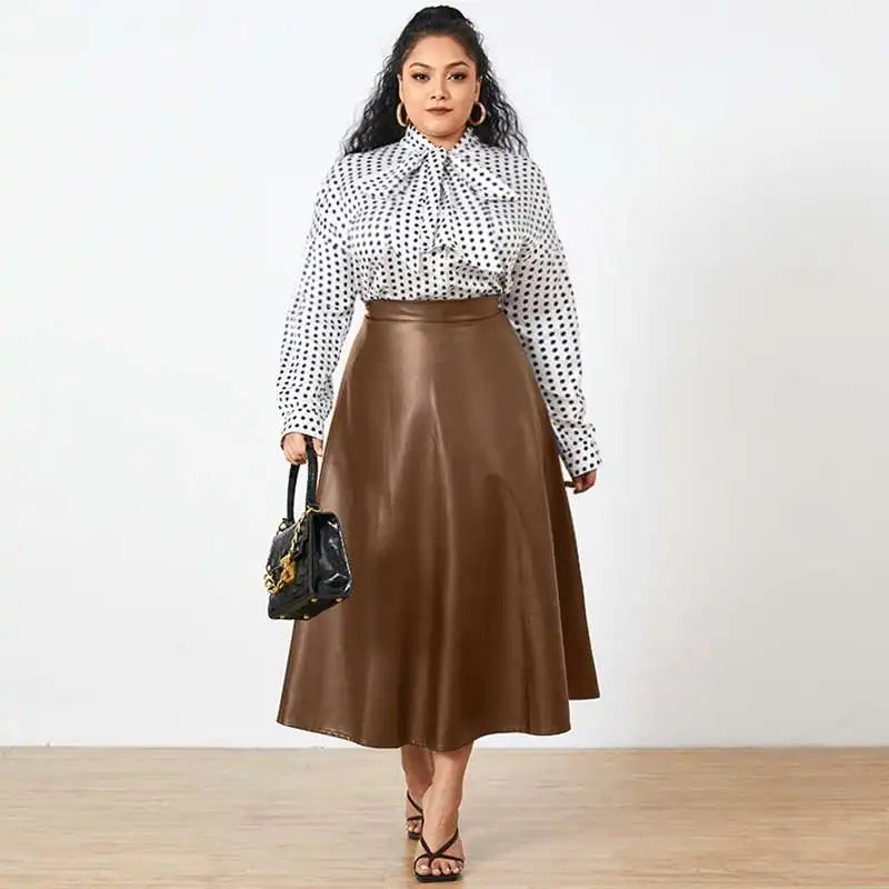 Plus Size Party Midi Skirt 2023 Autumn Women Solid Winter PU Leather Skirts Celmia Office Retro Long Skirts High Waist OL Skirt