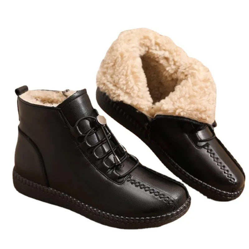 Winter Women Leather Shoes Plush Warm Shoes Woman Casual Flat Snow Boots Women's Soft-Soled Warm Cotton Boots Size 35-42 WSH4316