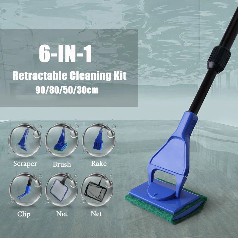 6-IN-1 Aquarium Cleaning Tools Kits Fish Tank Clean Set Fish Net Gravel Rake Algae Scraper Fork Sponge Brush Glass Cleaner