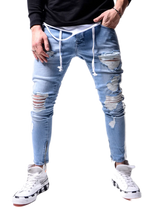 Men's Ripped Pencil Pants Men Skinny Denim Biker Side Striped Jeans Men's Fashion Foot Mouth Zipper Hip-Hop Slim Denim Trousers