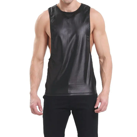 Sexy Mens Tank Tops Sleeveless Undershirts Faux Leather WetLook Stage Dance Clubwear Male NightClub Muscle Shirt Casual Men Vest