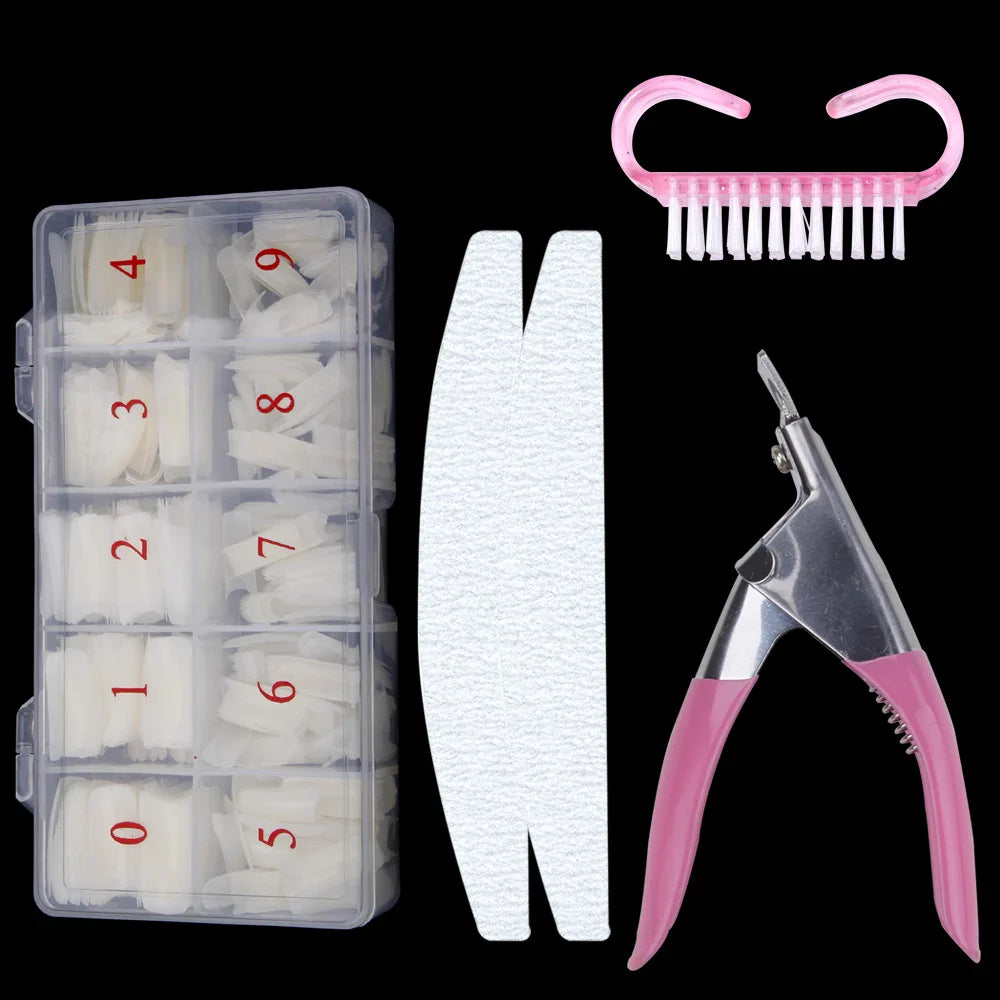 500Pcs/Box False Nails Tips Manicure Kit Nail File Lime 100/180 Buffer Block Cutter Scissors Cleaning Nail Brush Nail Art Tools