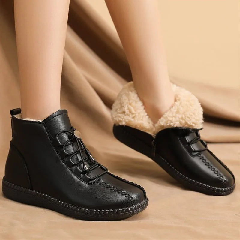 Winter Women Leather Shoes Plush Warm Shoes Woman Casual Flat Snow Boots Women's Soft-Soled Warm Cotton Boots Size 35-42 WSH4316