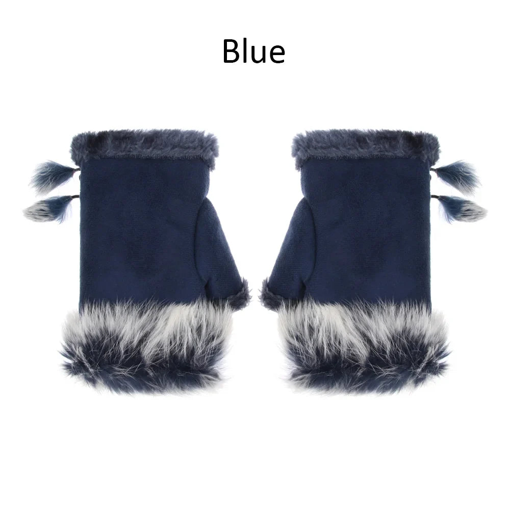 1 Pair New Fashion Faux Rabbit Hair Gloves Suede Leather Fingerless Soft Stretch Gloves Women Girls Winter Thicken Warm Mittens