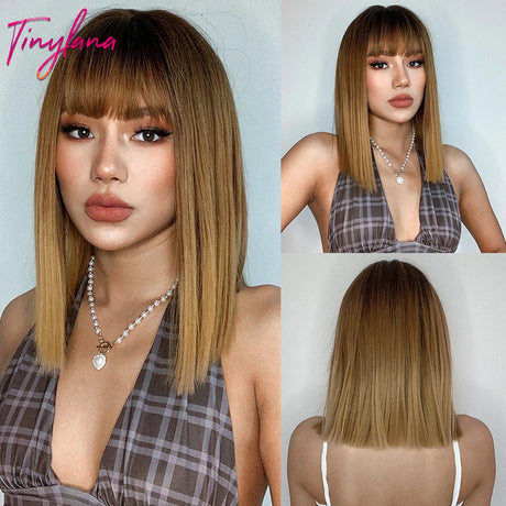 Brown Blonde Short Straight Synthetic Hair Wigs with Bangs for Women Golden Highlight Bob Wigs Cosplay Natural Heat Resistant