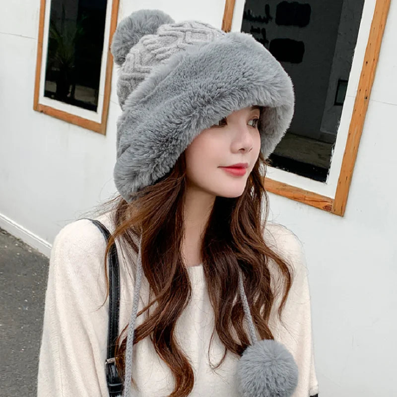 2021 New Pompom Winter Hats For Wome Earmuffs Thicken Ear-flapped Hat Fleece Lined Girl Knit Bonnets Cute Ladies Ear Beanies Cap