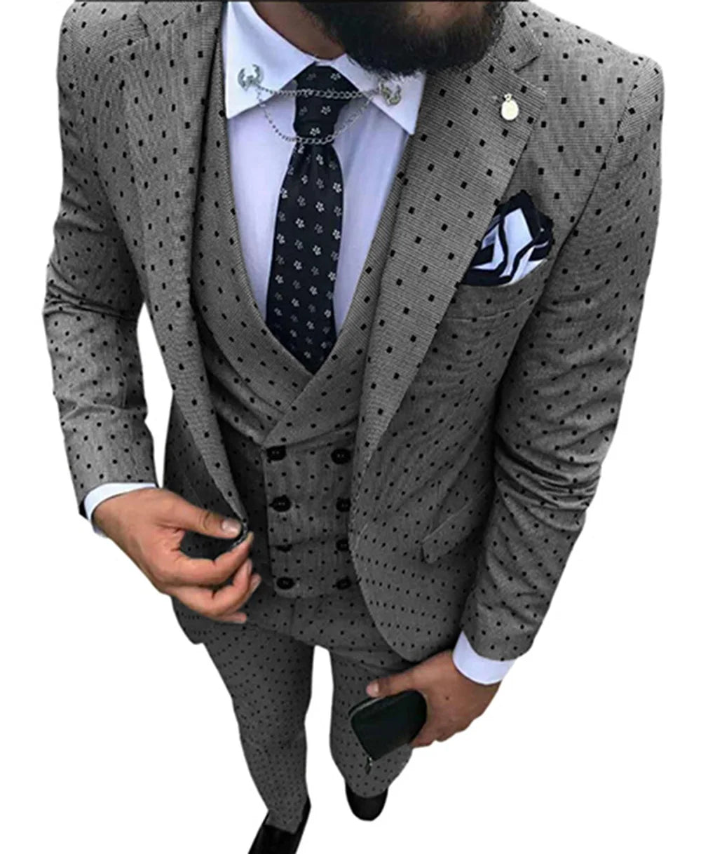 New Men's White Suit 3 Pieces Spotted Notch Lapel Slim Fit Double Breasted Vest Tuxedos Groomsmen For Wedding(Blazer+vest+Pants)