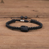 Natural Black Tourmaline Single Beads Woven Adjustable Bracelet Boho Women 6mm Black Lava Stone Beads Mala Bracelet N0383AMC