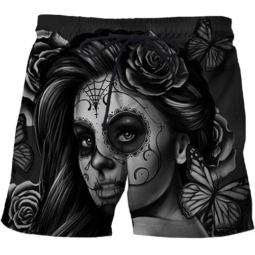 Funny 2021 New Mens Black Skull Board Shorts 3D Printed Summer Beach Shorts Masculino  Women Quick Dry Swimsuit short homme