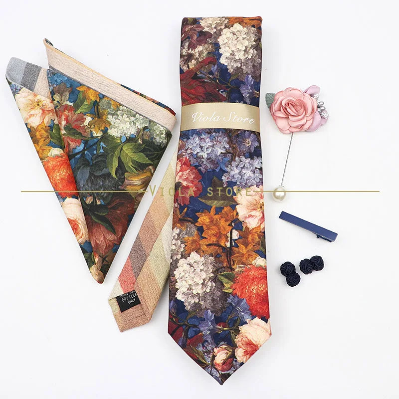 5 PCS Luxury Cotton Patchwork 7cm Tie Set Brooch Pin Clip Hankie Cufflink Men Party Daily Striped Floral Cravat Gift Accessory