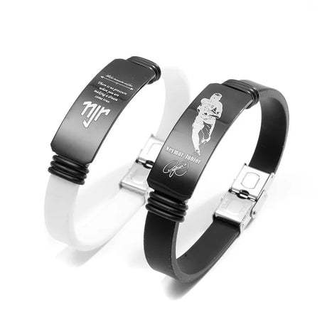 Football Star Player Messi Bracelet Stainless Steel Adjustable Waistband Black And White 2-piece Set with Dazzling Black Tin Box