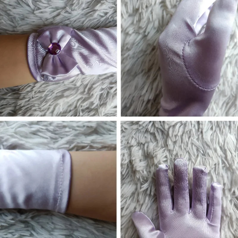 Children’s Dance Princess Long Tube High-grade Satin Stretch Gloves Girl Bow With Beads Gloves Children 's Day Birthday Gifts