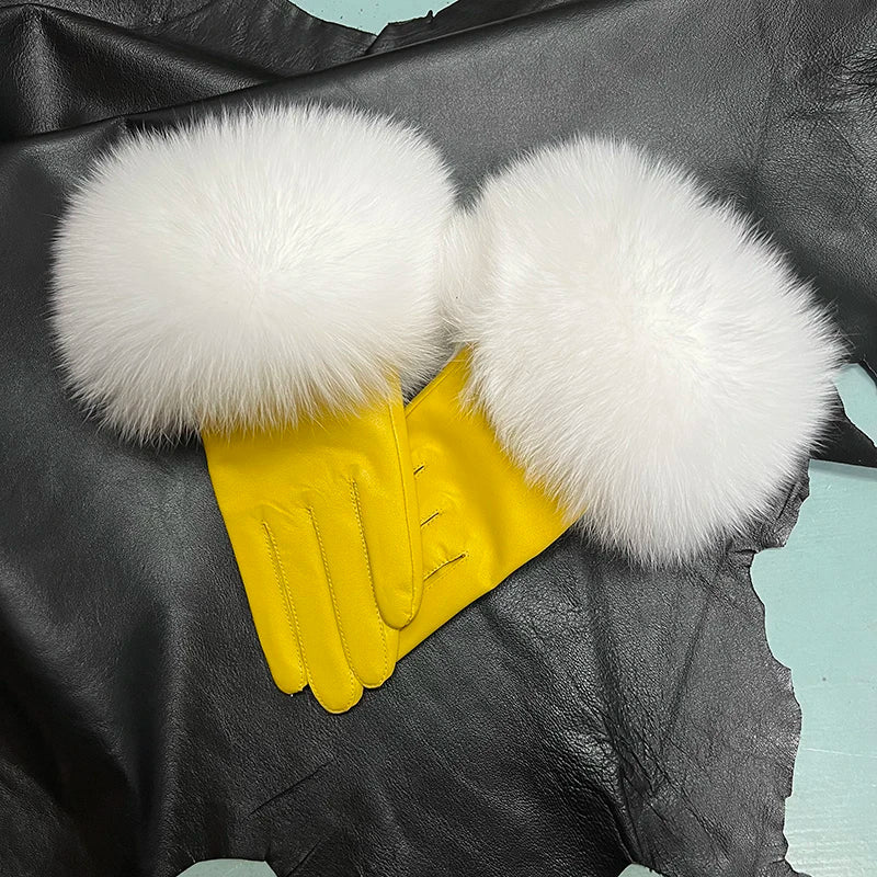 Real Sheepskin Fox Fur Gloves Women's Genuine Leather Glove Winter Warm Fashion Style Natural Fluffy Fox Fur Oversized Customize