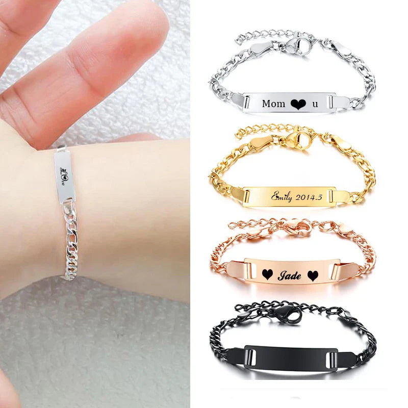 Personalize Baby Name Bracelet Figaro Chain Smooth Bangle Link Gold Tone No Fade Safty Jewelry 12cm to 15cm