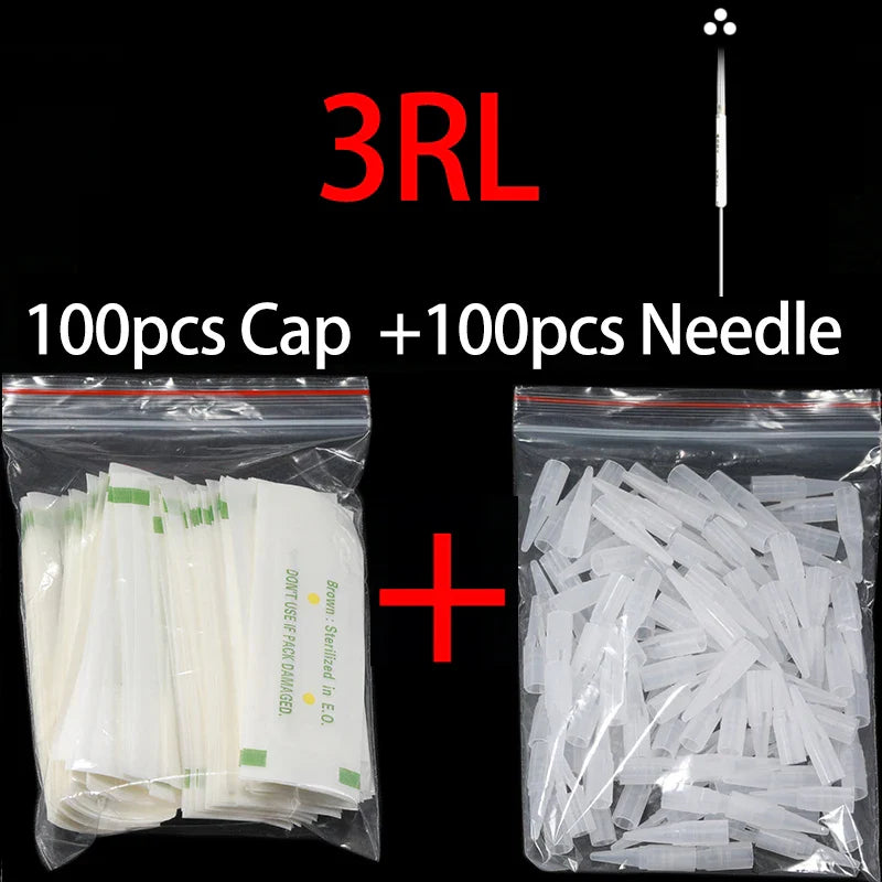 100pcs PMU Microblading Needle + Cup Tips Disposable Sterilized Professional Tattoo Machine Needles Permanent Makeup Eyebrow Lip