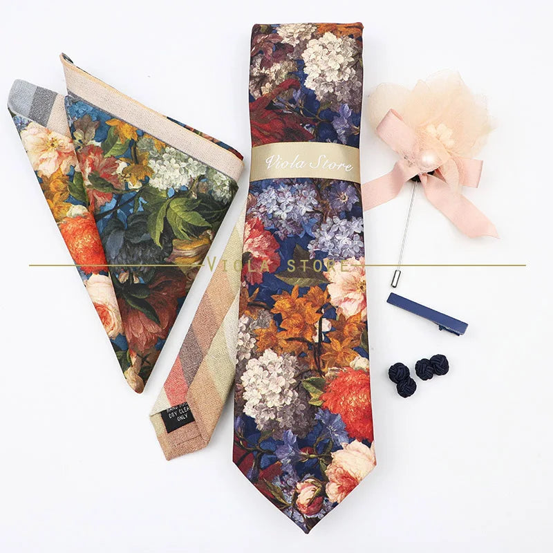 5 PCS Luxury Cotton Patchwork 7cm Tie Set Brooch Pin Clip Hankie Cufflink Men Party Daily Striped Floral Cravat Gift Accessory