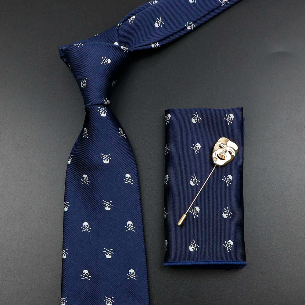 Fashion Men's Skull Tie Set New Design 8cm Polyester Suit Collar Bowtie Handkerchief Trendy Mask Brooch Luxury Wedding Accessory