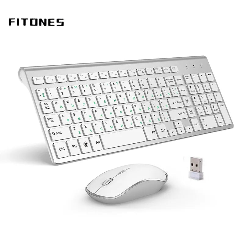 Russian version 2.4g wireless keyboard and mouse, ergonomics, portable full size, USB interface, high-end fashion silvery white