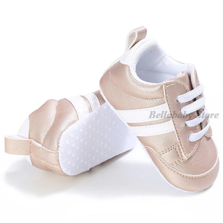 First Walkers Baby Girl Gold Shoes Autumn PU Leather Toddler Boy Sneaker Striped Black Newborn Baby Shoes Outdoor Soft Anti-slip