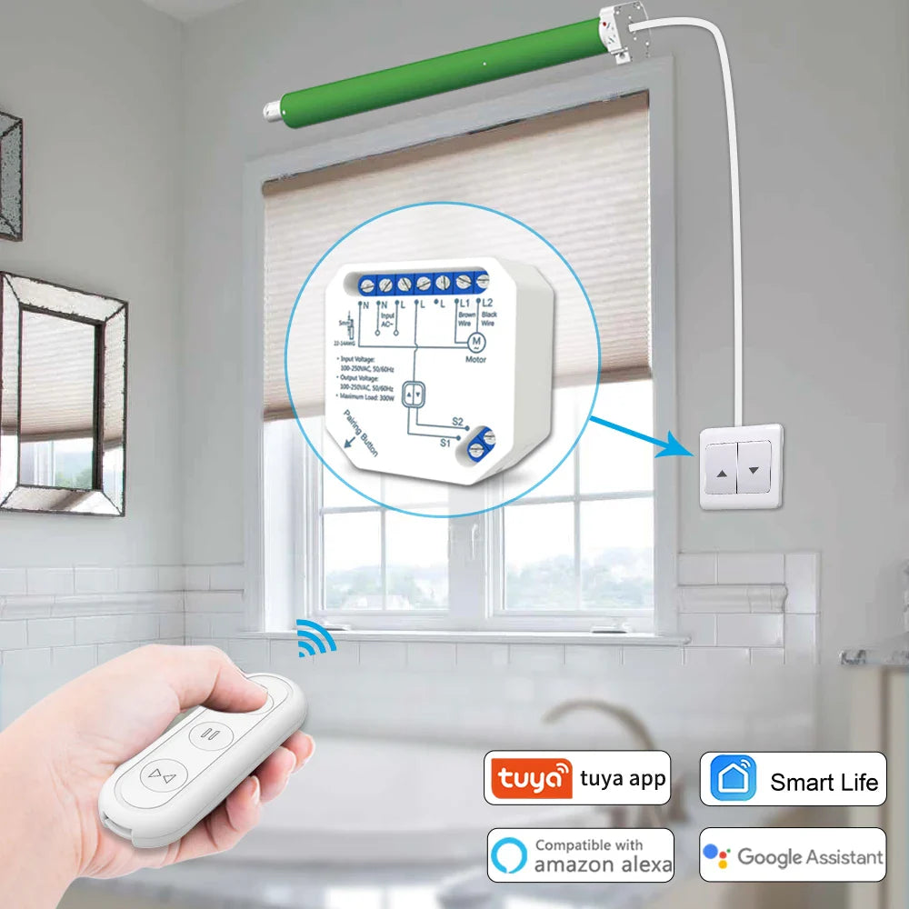 WiFi Curtain Roller Shutter Switch Module with RF Remote Tuya Smart Life App Timer Google Home Alexa Voice Control