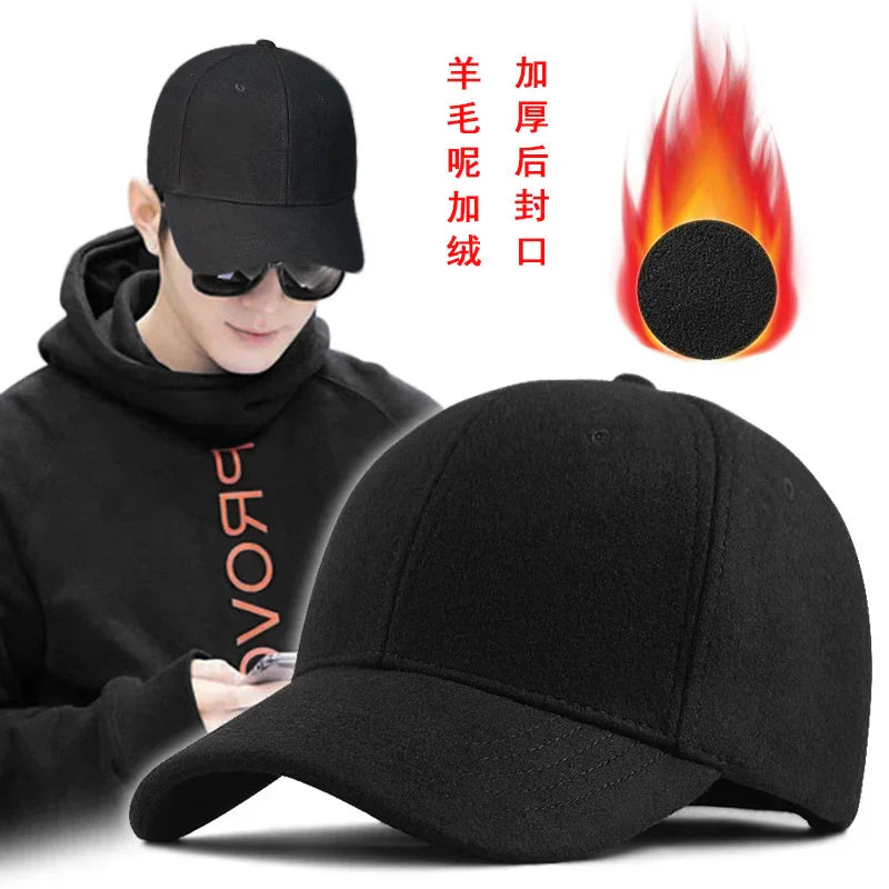 Male Winter large size felt baseball cap big head men fleece-lined sport hat plus size wool snapback caps 56-60cm 61-65cm