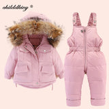 2pcs Set Children Winter Down Jacket and Jumpsuit for Baby Thicken Jacket for Girls Coat Warm Real Fur Collar Boys Snowsuit 0-4Y