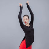 Womens Round Neck Finger Sleeve Modern Dance Wear Modal Yoga Practice Dress Side Lacing Classical Dance Top Blouse Plus Size 4XL