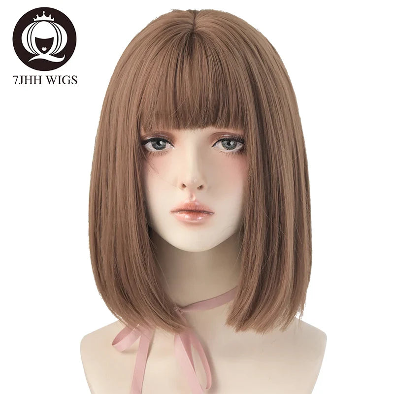 7JHH WIGS Black Short Bob Wig for Girl Daily Wear Synthetic Wig New Style Natural Supple Summer  Heatresistant Wig With Bangs