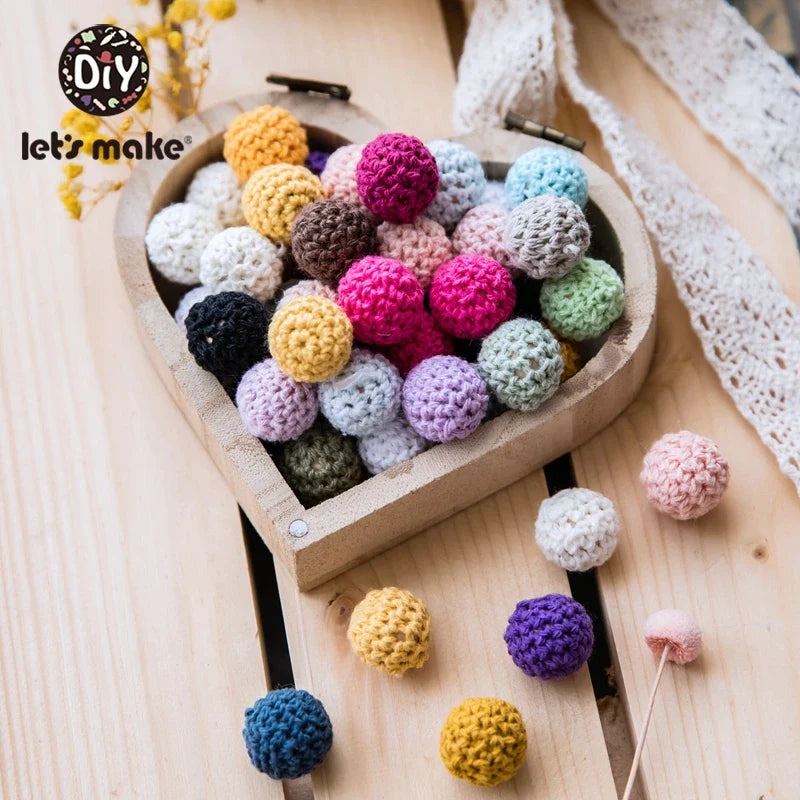 Let's Make 100Pcs Crochet Beaded Wood Teether 16mm Round Baby Wooden Teether Crochet Toys Braided Teething Beads Baby Oral Care