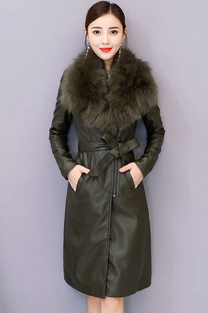 Women's Leather Jacket Winter 2023 New Add Velvet Warm Slim Big Fur Collar Long Leather Coat Female Outerwear With Belt M-4XL