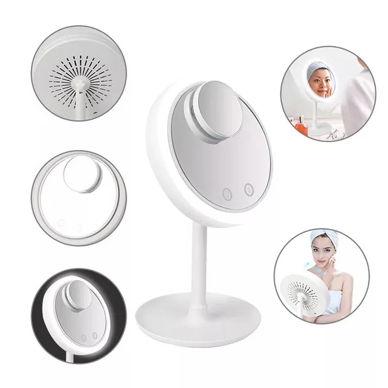 LED Vanity Mirror With Fan Function Beauty Mirrors X5 Magnifying Glass Touch Screen Removable Desktop Make Up Mirror