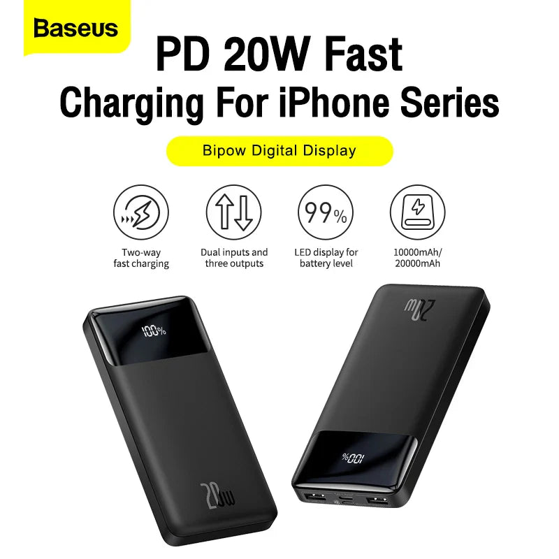 Baseus Power Bank 20000mAh Portable Charger Powerbank 10000mAh External Battery PD 20W Fast Charging For iPhone Xiaomi PoverBank