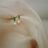 925 Sterling Silver French Simple Emerald Pearl Earrings Women Light Luxury Temperament Wedding Jewelry Girlfriend Gift