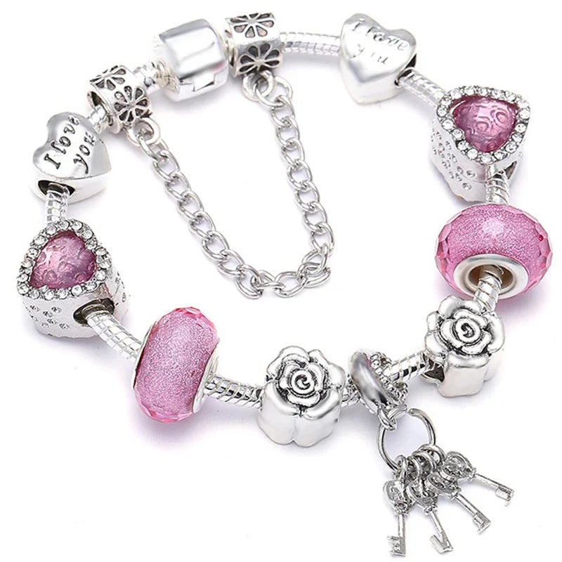 Seialoy Silver Plated Heart Key Pendant Charm Bracelets For Women Original Girls Princess Crown Beaded Bracelet Wife Jewelry