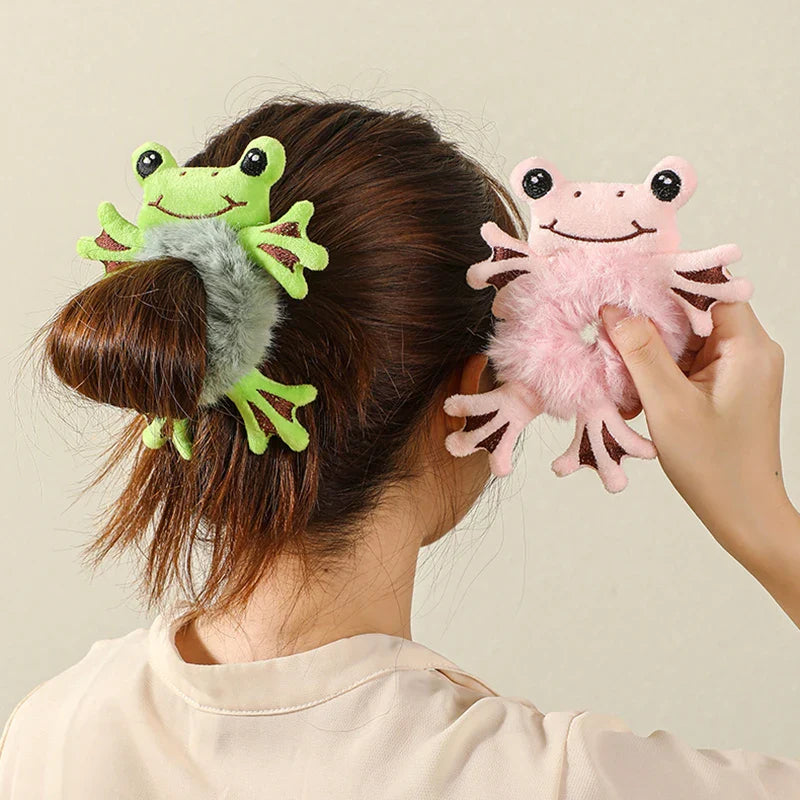 2pcs Plush Animal Scrunchie Set Elastic Hair tie Ponytail Rubber Band Accessories Kawaii Stuffed Cartoon Frog Cat Hair Rope Girl