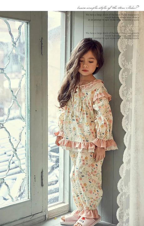 New Kid Girl's Lolita Cotton Floral Pajama Sets.Vintage Toddler Kid‘s Flowers Pyjamas Set Sleep Loungewear.Children’s Clothing