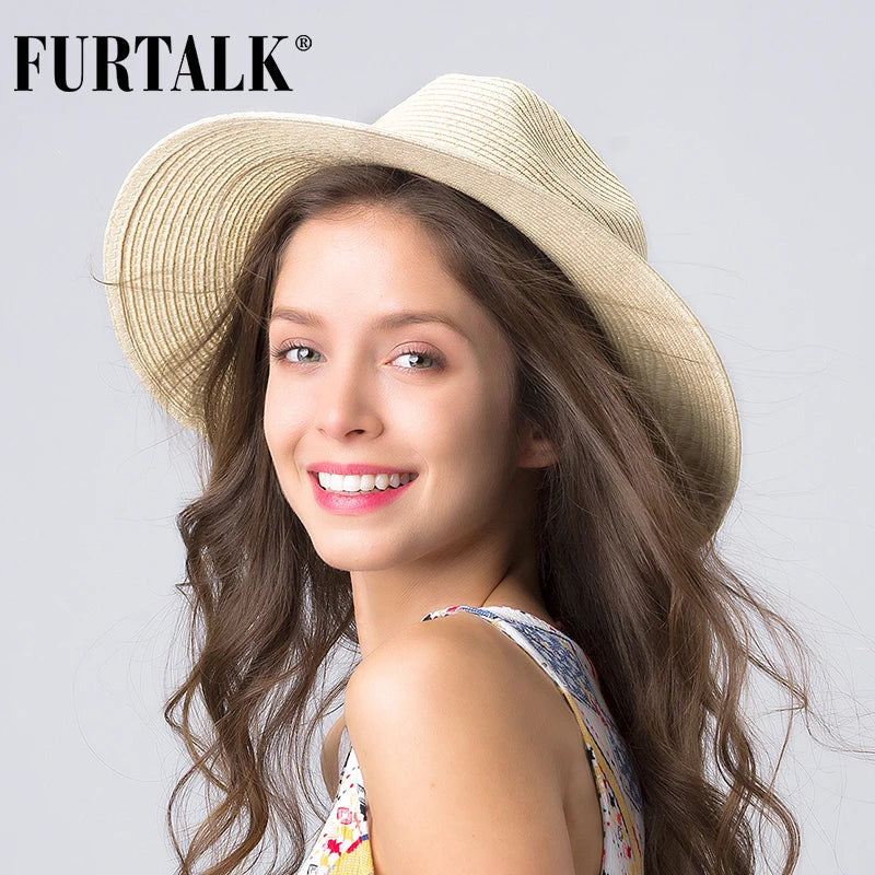 FURTALK Summer Straw Hat for Women Panama Beach Hat Bucket Sun Hats Female Summer Big Brim UV Protection Cap chapeau femme 2020