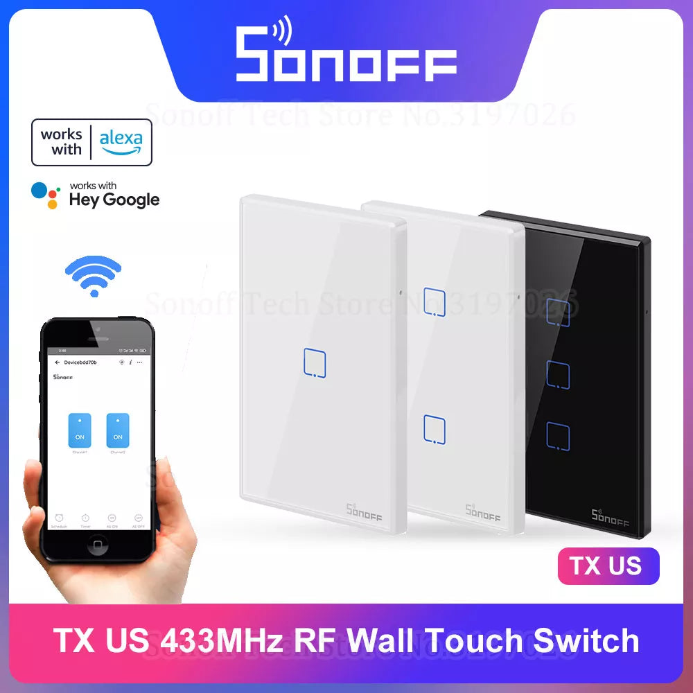 SONOFF TX US Wall Smart Switch 433Mhz RF Remote Control Wi-Fi Touch Switch via eWeLink APP Works With Alexa Google Home