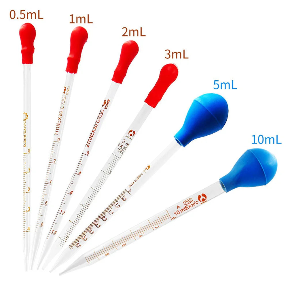 NEW 3/5 Pcs (0.5/1/2/3/5/10ml) Glass Scale Line Dropper Pipette Lab Dropper Dropping Pipette Blue Rubber Head Pipettors