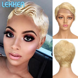 Lekker Short Pixie Bob T Part Lace Human Hair Wig For Women Natural Pre Plucked Glueless Ombre Burgundy Brazilian Remy 613 Wigs