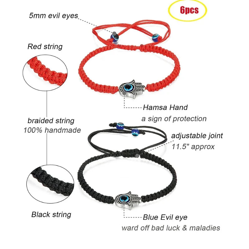 6/9 Pcs Evil Eye String Bracelets Hamsa Hand Hand-Woven Adjustable Red/Black Rope Cord Thread Braided Bracelet Fatima Hand Ancie