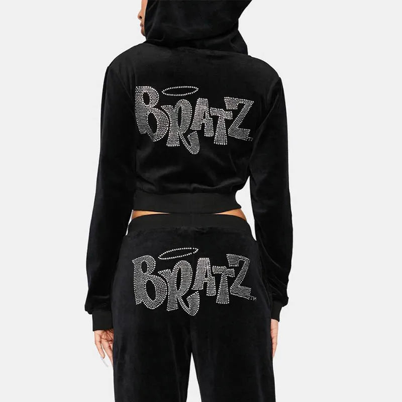 Y2k Women's Brown Rhinestone Bratz Print Streetwear Hoodies Women's Jacket Zip Up Long Sleeve Cropped Sweatshirts Autumn Tops