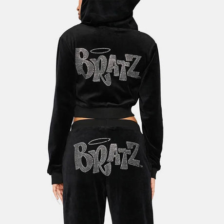 Y2k Women's Brown Rhinestone Bratz Print Streetwear Hoodies Women's Jacket Zip Up Long Sleeve Cropped Sweatshirts Autumn Tops