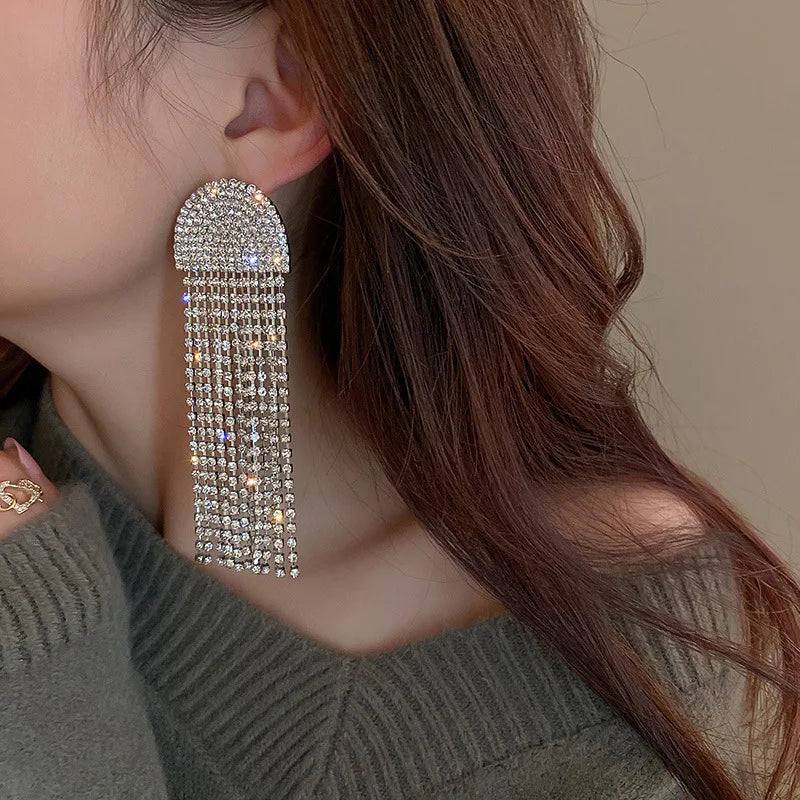 Fashion Statement Earring Long Full Rhinestone Big Earrings For Women Euorpe Evening Party Crystal Tassel Earings Wholesale