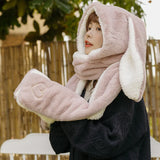 2021 women fashion Cute Cartoon Rabbit ears HatImitation mink Cap girl Winter Warmth Thickened with Scarf gloves one-piece hat